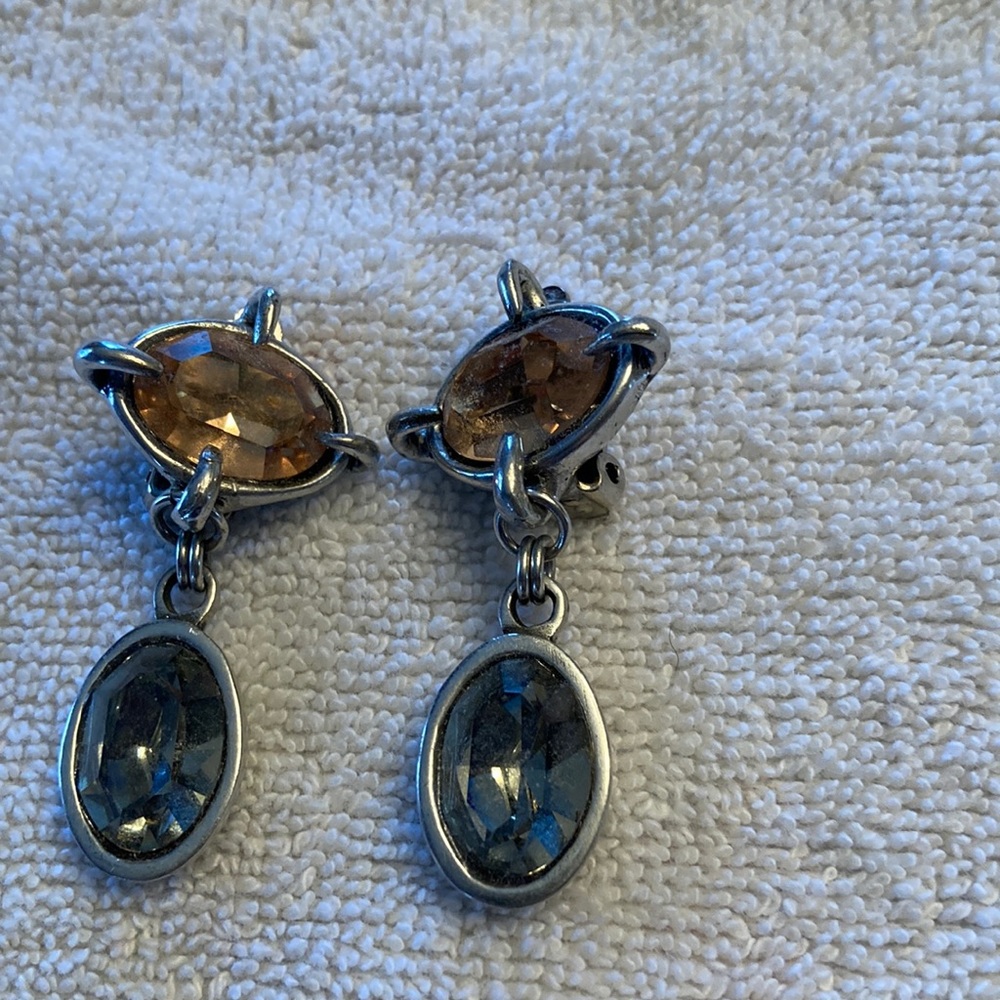 Beautiful dangle clip earrings with citrine and grey colored crystals in silver